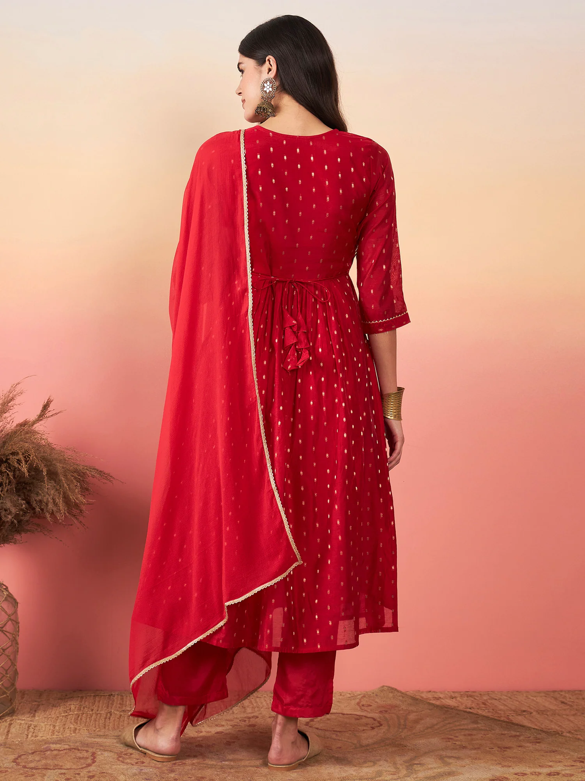 Red Embroidered A Line Kurta Trousers With Dupatta Set