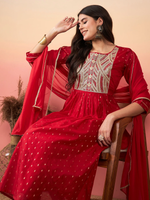 Red Embroidered A Line Kurta Trousers With Dupatta Set