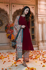 Maroon Sequined & Embroidered Straight Kurta with Pleated Yoke