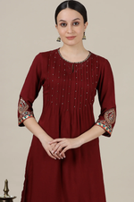 Maroon Sequined & Embroidered Straight Kurta with Pleated Yoke