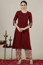 Maroon Sequined & Embroidered Straight Kurta with Pleated Yoke