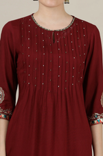 Maroon Sequined & Embroidered Straight Kurta with Pleated Yoke