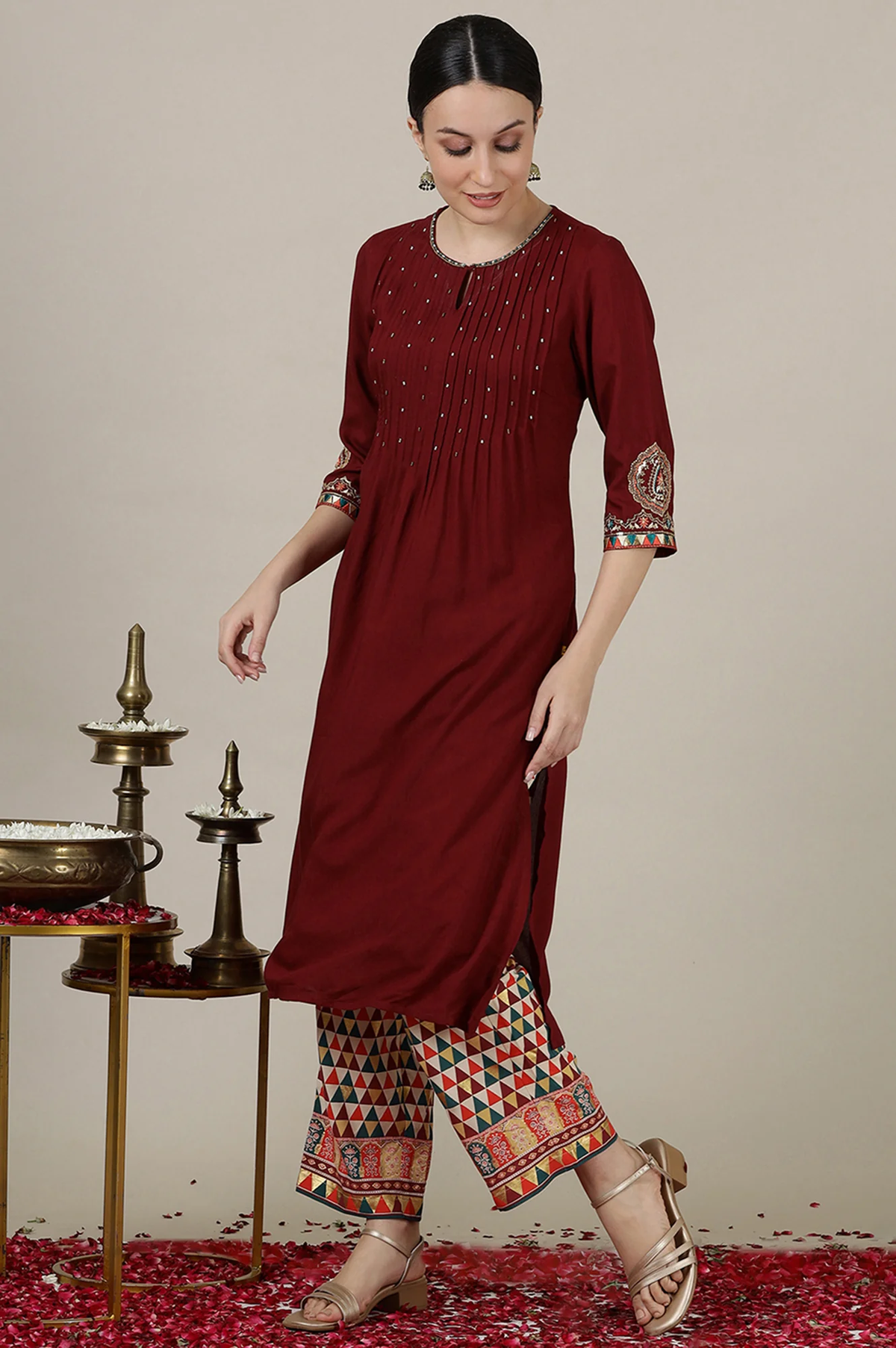 Maroon Sequined & Embroidered Straight Kurta with Pleated Yoke