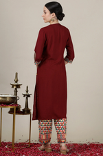 Maroon Sequined & Embroidered Straight Kurta with Pleated Yoke