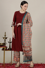 Maroon Sequined & Embroidered Straight Kurta with Pleated Yoke