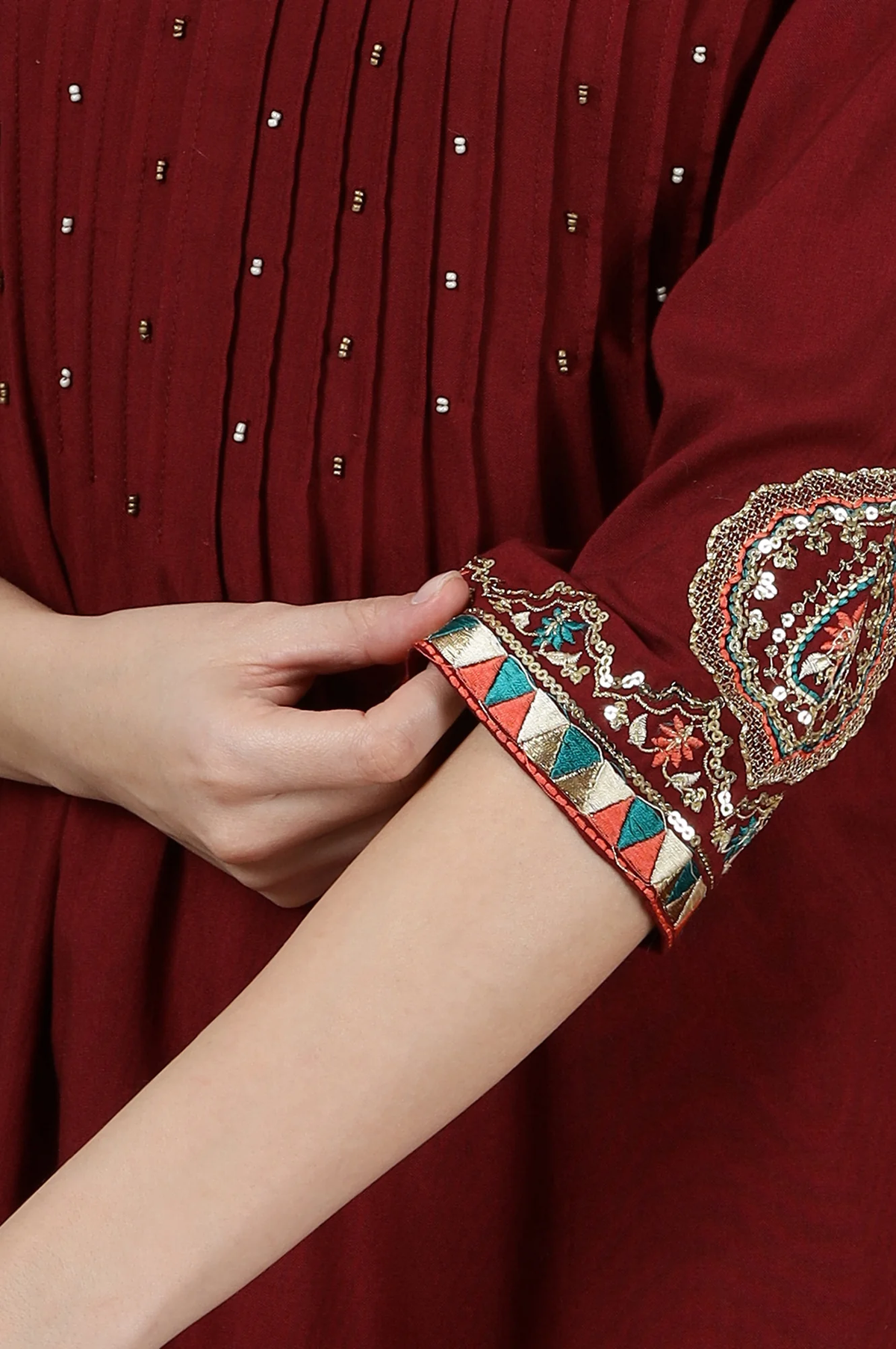 Maroon Sequined & Embroidered Straight Kurta with Pleated Yoke