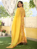 Yellow Pink Printed Cotton Embroidered Sharara Suit with Organza Dupatta - Set of 3