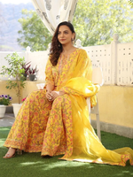 Yellow Pink Printed Cotton Embroidered Sharara Suit with Organza Dupatta - Set of 3