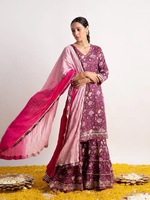 Purple Printed Cotton Sharara Suit with Pink Ombre Dupatta- Set of 3