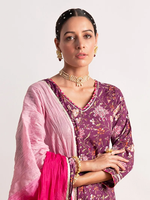 Purple Printed Cotton Sharara Suit with Pink Ombre Dupatta- Set of 3