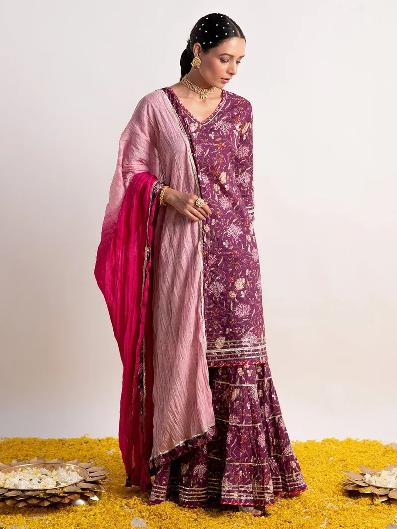 Purple Printed Cotton Sharara Suit with Pink Ombre Dupatta- Set of 3