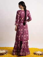 Purple Printed Cotton Sharara Suit with Pink Ombre Dupatta- Set of 3