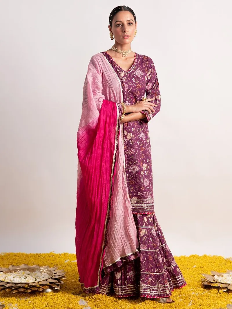 Purple Printed Cotton Sharara Suit with Pink Ombre Dupatta- Set of 3