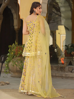 Yellow Green Printed Cotton Sharara Suit with Scalloped Organza Dupatta - Set of 3