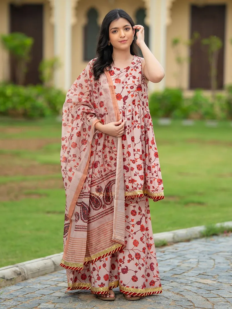 Pink Printed Cotton Sharara Suit- Set of 3