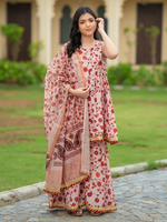 Pink Printed Cotton Sharara Suit- Set of 3