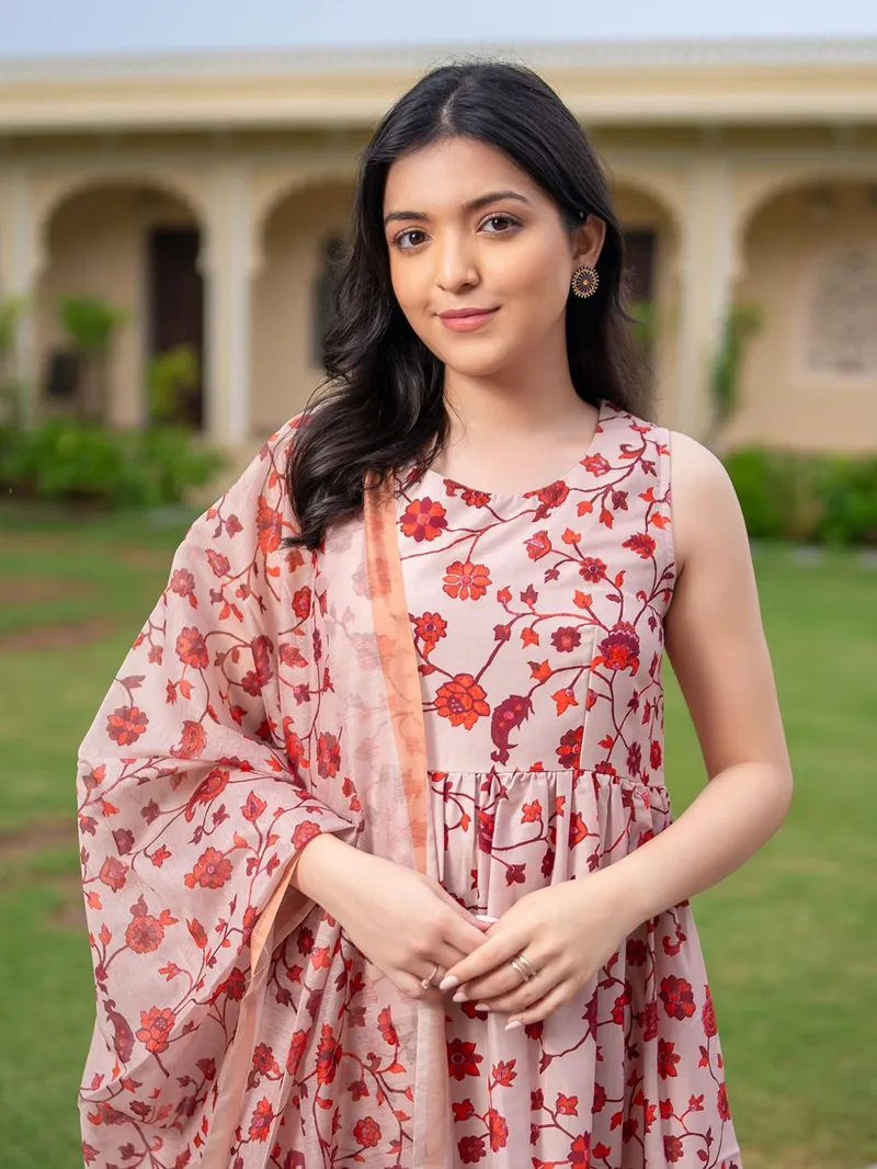 Pink Printed Cotton Sharara Suit- Set of 3