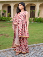 Pink Printed Cotton Sharara Suit- Set of 3