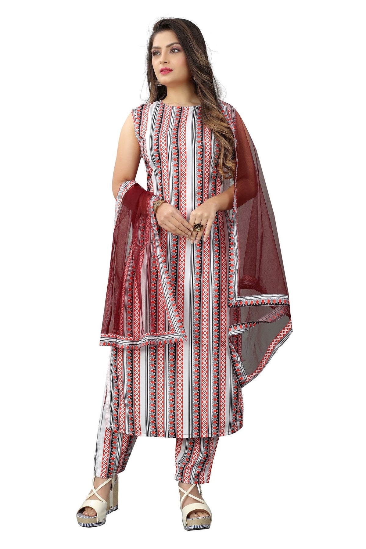 Vibrant Kaleidoscope: Pure Crepe Multicolor Printed Kurti, Pant, and Dupatta Set