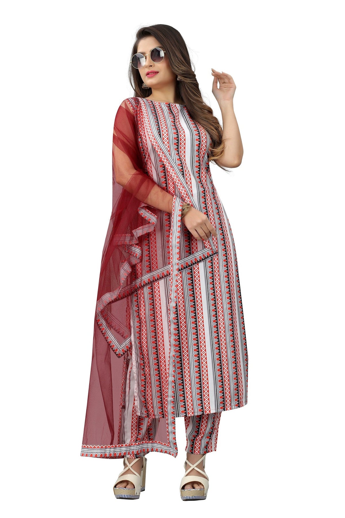 Vibrant Kaleidoscope: Pure Crepe Multicolor Printed Kurti, Pant, and Dupatta Set