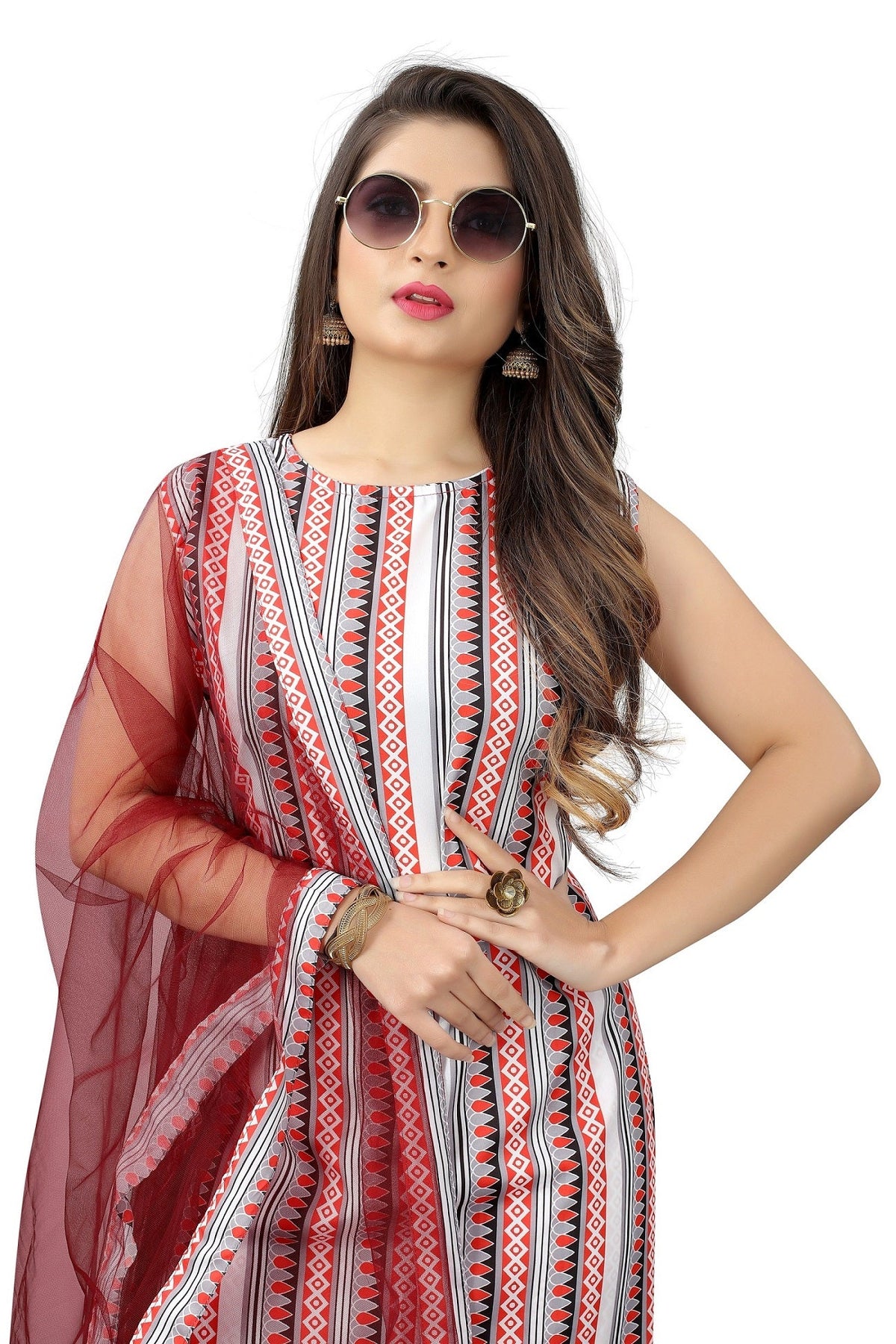 Vibrant Kaleidoscope: Pure Crepe Multicolor Printed Kurti, Pant, and Dupatta Set