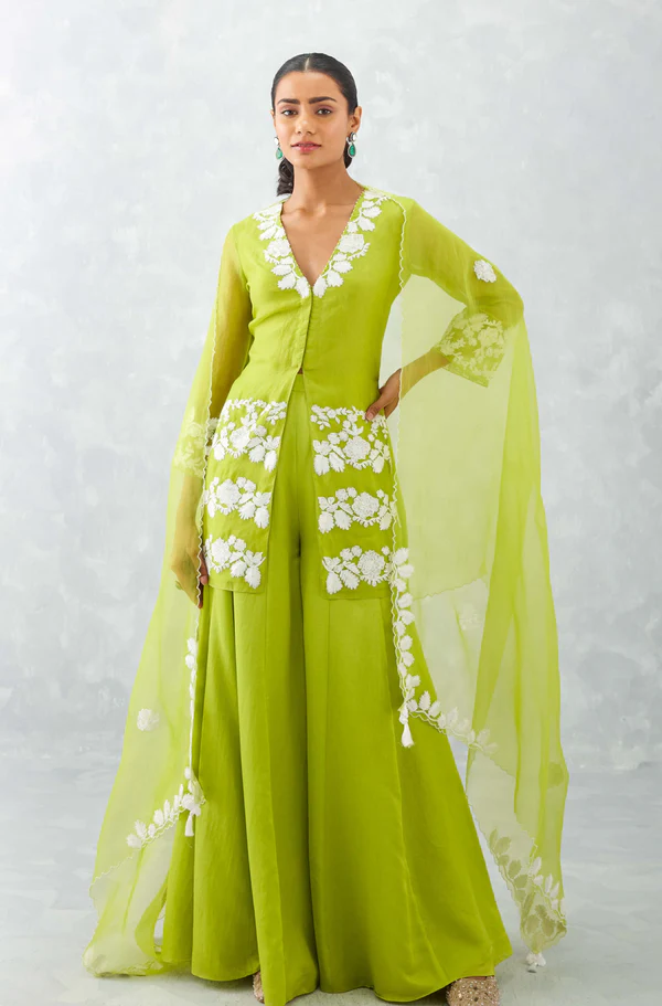 GREEN EMBROIDERED FRONT SLIT SHARARA SET