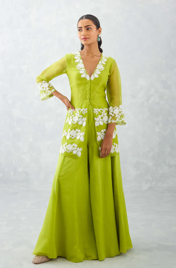 GREEN EMBROIDERED FRONT SLIT SHARARA SET