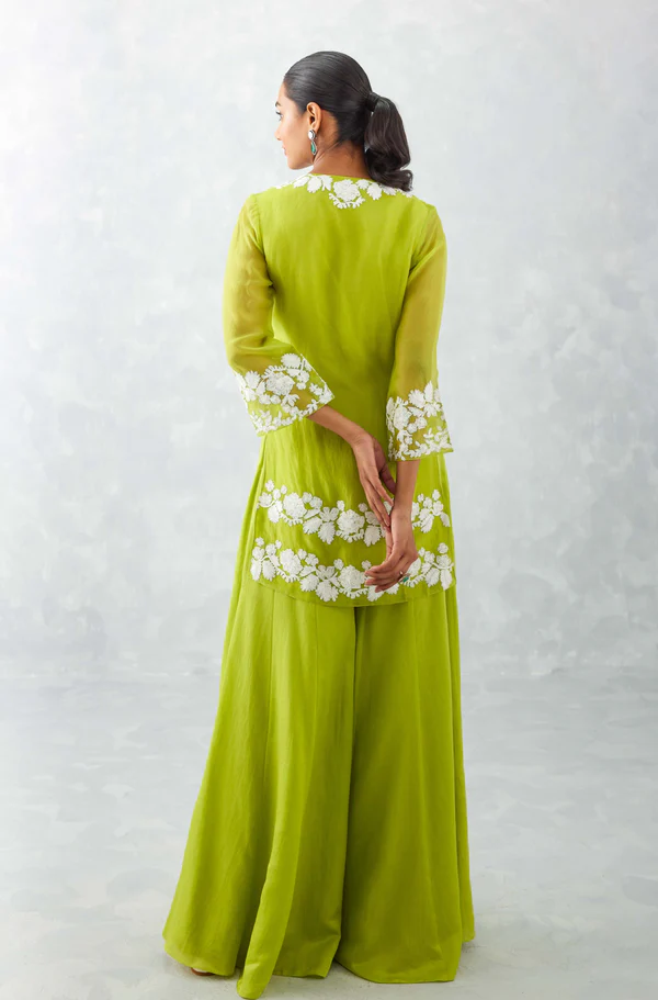 GREEN EMBROIDERED FRONT SLIT SHARARA SET