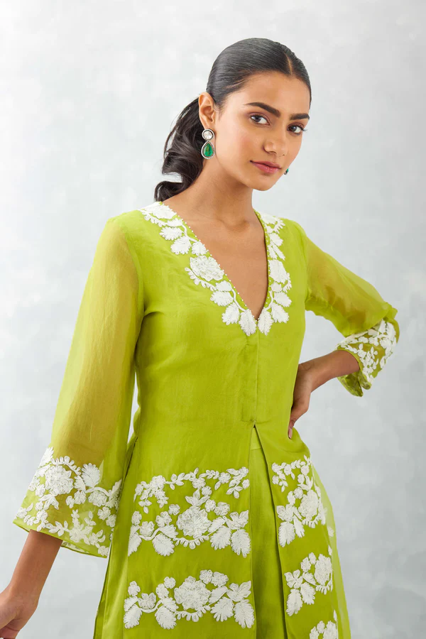 GREEN EMBROIDERED FRONT SLIT SHARARA SET