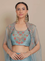 Blue Thread Embroidered Chanderi Silk Blouse with Cape and Sharara- Set of 3