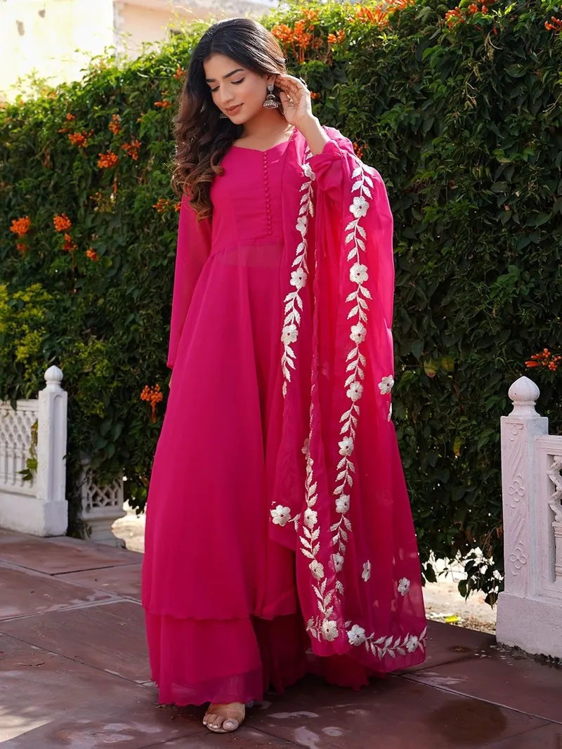 Pink Chiffon Sharara Suit with Embroidered Dupatta- Set of 3