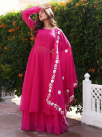 Pink Chiffon Sharara Suit with Embroidered Dupatta- Set of 3