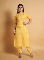 Sunlit Serenity: Yellow Soft Organza Embroidered Kurta and Pant Set